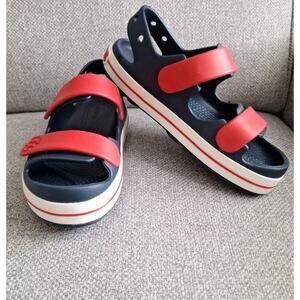 Crocs Crocband Cruiser Sandals Kids Size J4 Navy Blue Varsity Red Unisex